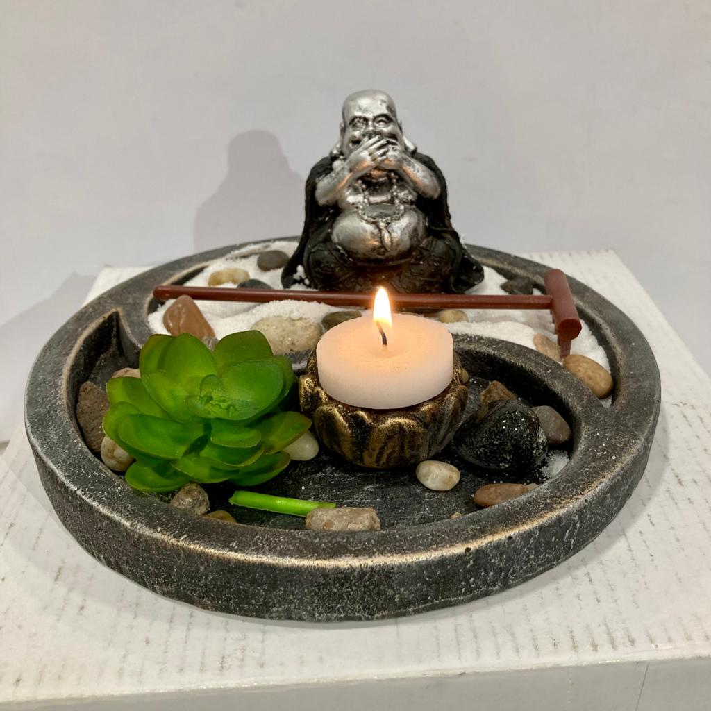 JARDÍN ZEN - BUDA FELIZ EN PLATILLO REDONDO / M: $9.900 - D: $12.900
