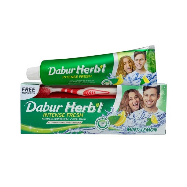 PASTA DENTAL HERBAL DABUR MENTA+LIMON GEL + CEPILLO DE DIENTES --M:$5.900 --D:$6.900
