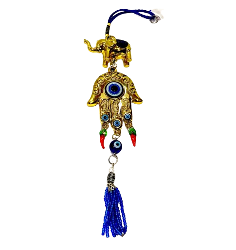 ELEFANTE Y MANO FATIMA CON OJOS TURCOS Y AJI / M: $1.500 - D: $2.000