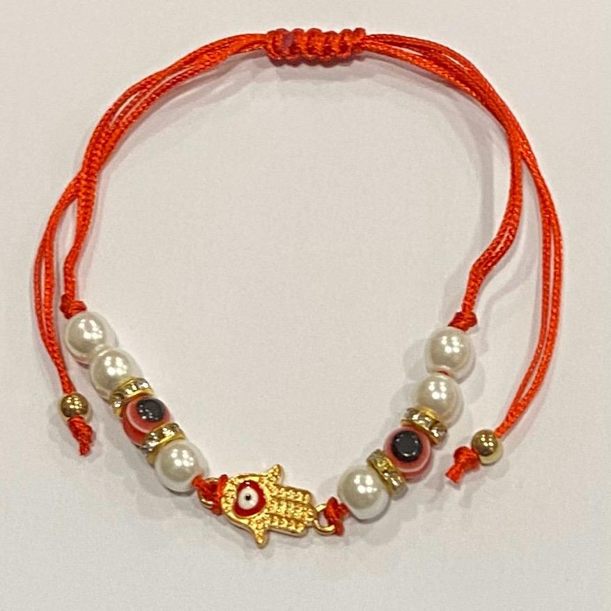PULSERA HILO ROJO CON MANO FÁTIMA Y OJOS TURCOS ROJOS / M: $1.000 - D: $1.490