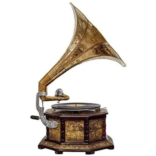 GRAMÓFONO VITROLA DE MADERA Y BRONCE: BASE CUBIERTA EN BRONCE / OFERTA $120.000