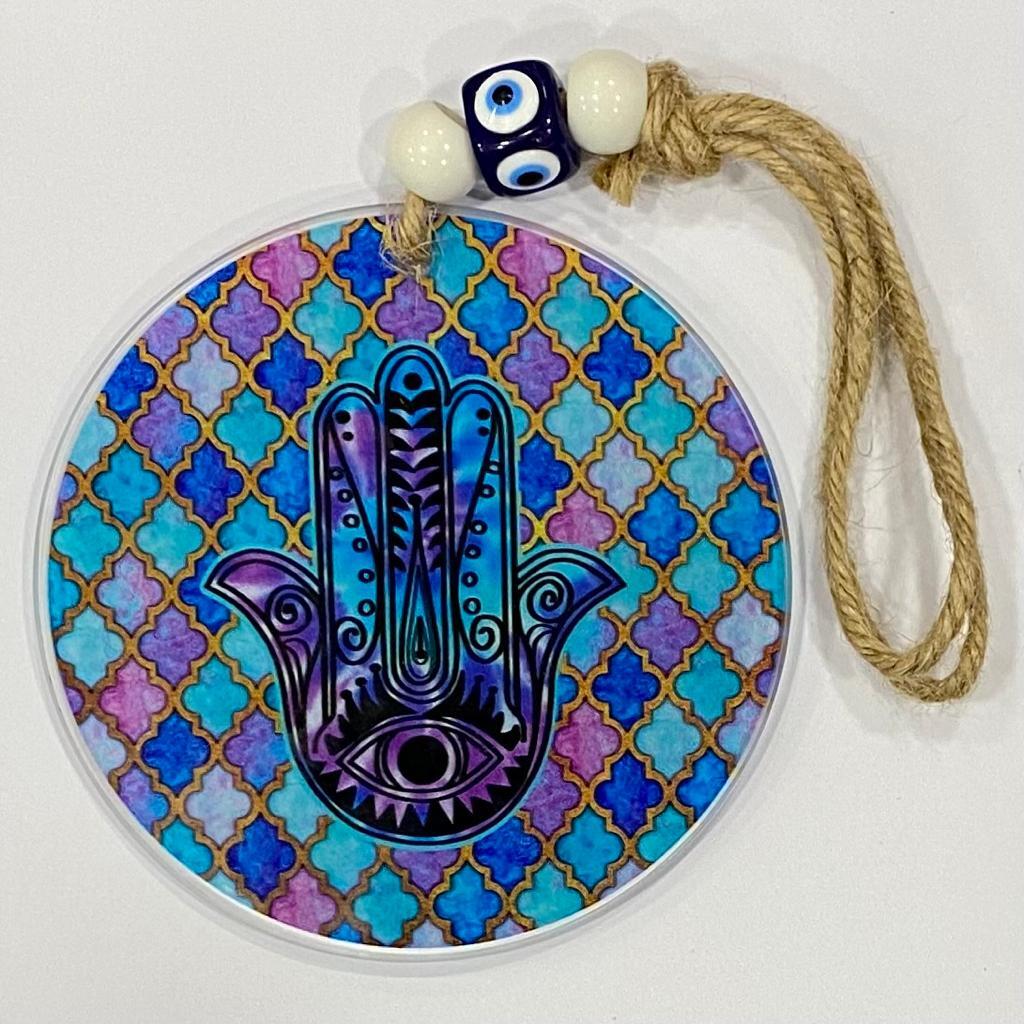 COLGANTE DE VIDRIO CON OJO Y MANO FÁTIMA / M: $4.900 - D: $6.900
