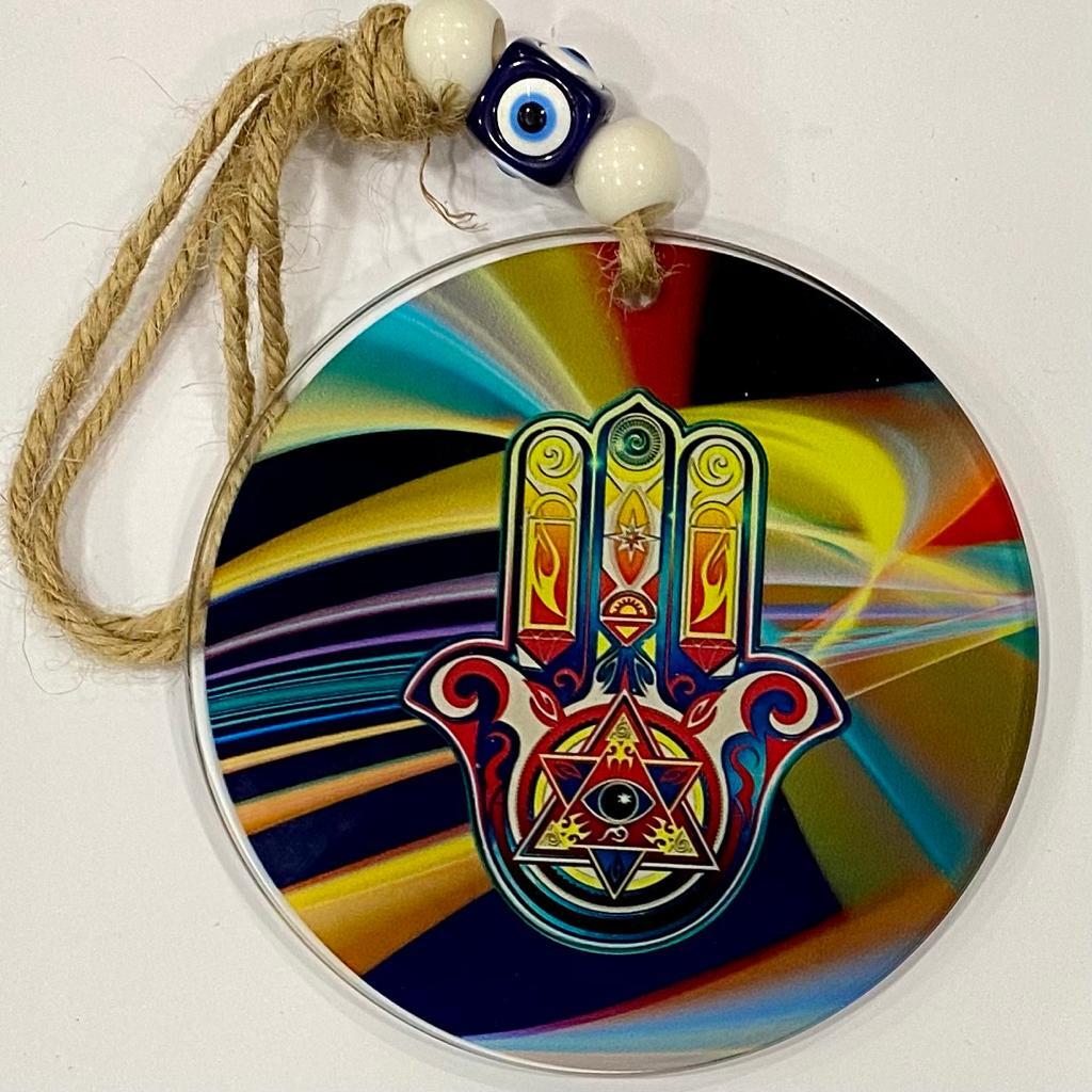 COLGANTE DE VIDRIO CON OJO Y MANO FÁTIMA / M: $4.900 - D: $6.900