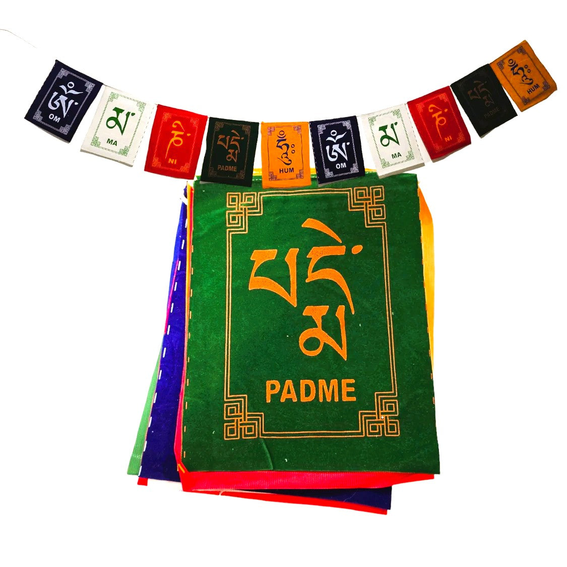🧘 BANDERÍN TIBETANO DE GAMUZA "OM MANI PADME HUM" – 180 cms / M:$4.000 - D:$6.900