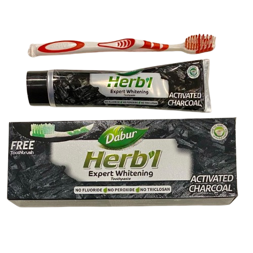 PASTA DENTAL DABUR HERB'L CARBÓN ACTIVADO (150ML) + CEPILLO DE DIENTES / M: $4.900 - D: $5.900