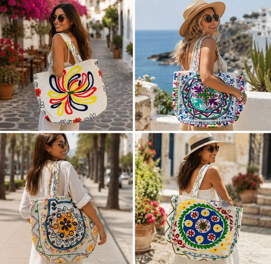 CARTERA BOLSO TOTE CON CIERRE DE ALGODÓN BORDADO / M: $4.900 - D: $6.900