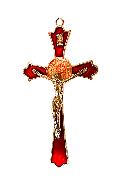 CRUCIFIJO DE JESUCRISTO CON SAN BENITO – FE, PROTECCIÓN Y ESPERANZA - ROJO / M:$6.900 - D:$8.900