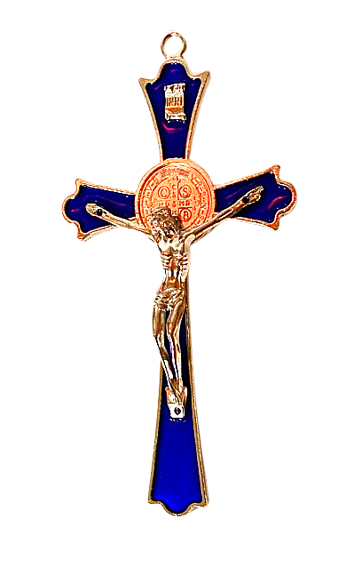 CRUCIFIJO DE JESUCRISTO CON SAN BENITO – FE, PROTECCIÓN Y ESPERANZA - AZUL / M:$6.900 - D:$8.900