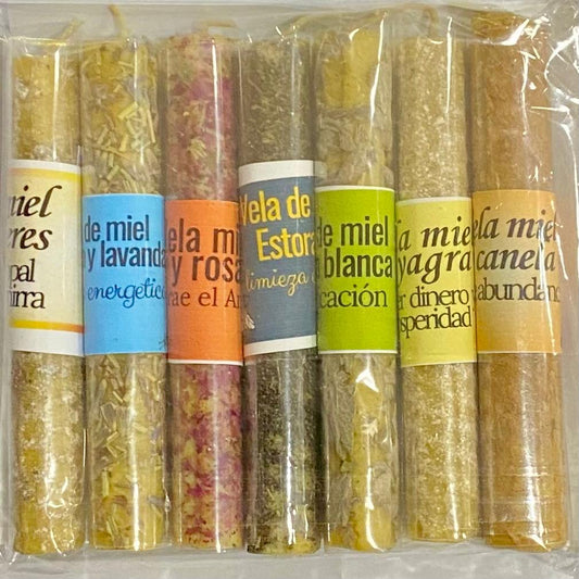 SET DE 7 VELAS DE MIEL INTENCIONADAS / M: $12.900 - D: $14.900
