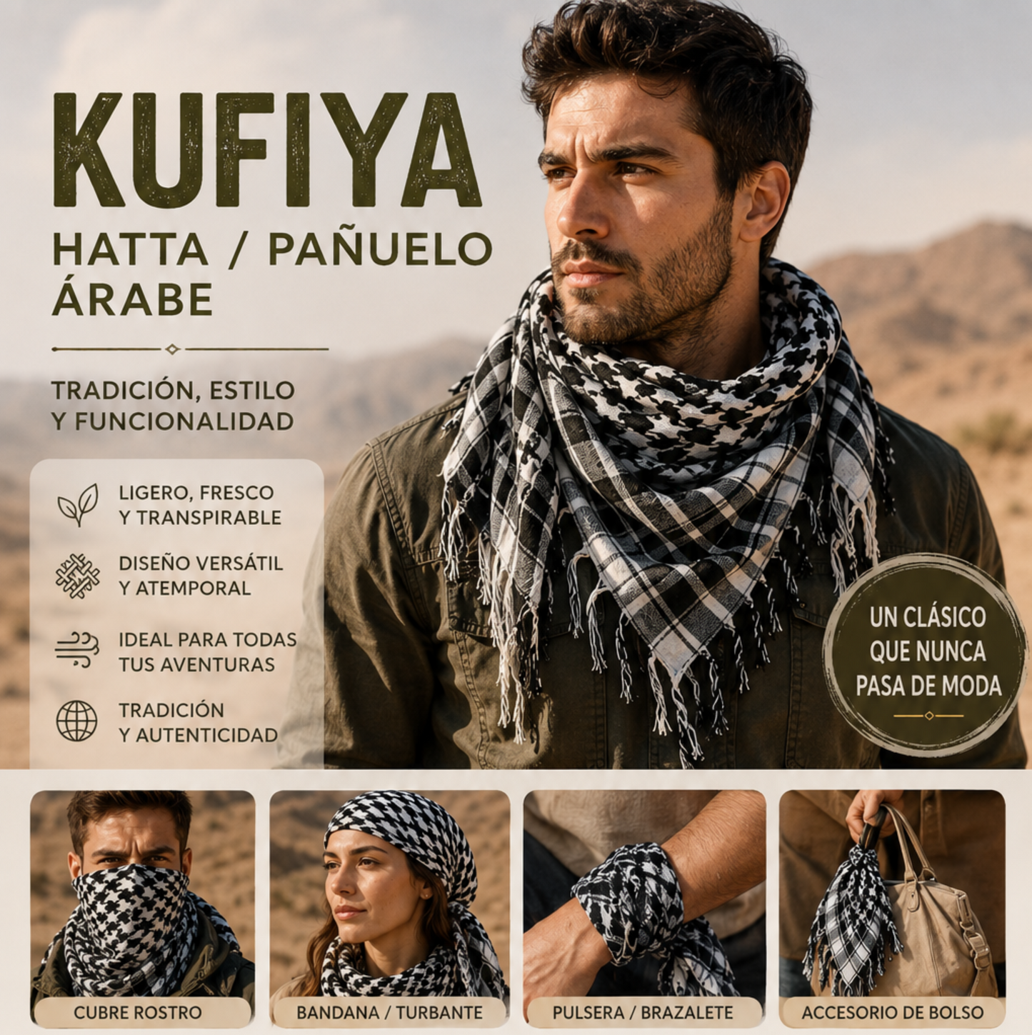 KUFIYA / HATTA / PAÑUELO ÁRABE — M: $4.900 - D: $6.900
